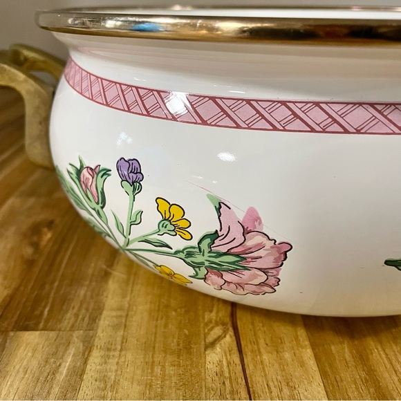 Tabletops Unlimited Vintage Enamel Pot Gold Trim Knob Handles Flower Design Dar - Picture 6 of 9